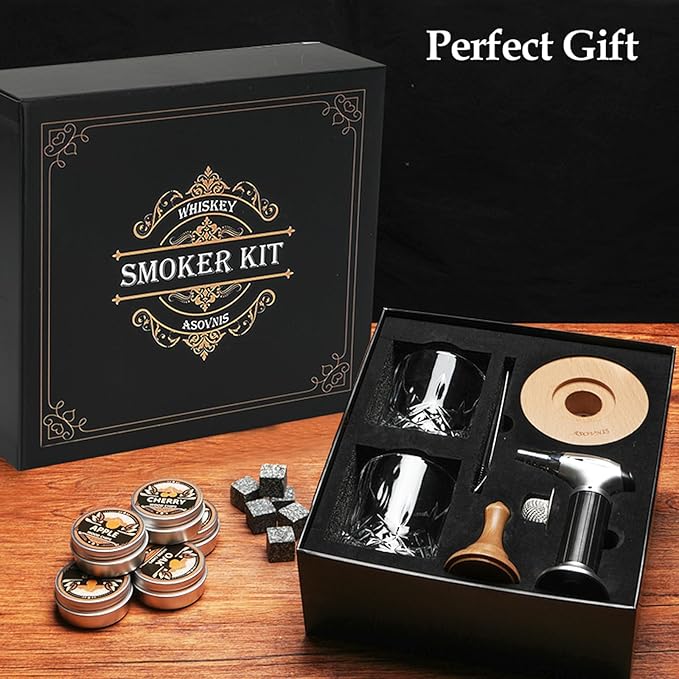 Whiskey Smoker Kit with Torch - 6 Flavors Wood Chips, 2 Glasses, Cocktail Smoker Infuser Kit, Old Fashioned Drink Smoker Kit, Birthday Valentine's Day Bourbon Whiskey Gifts for Men, Dad(No Butane)
