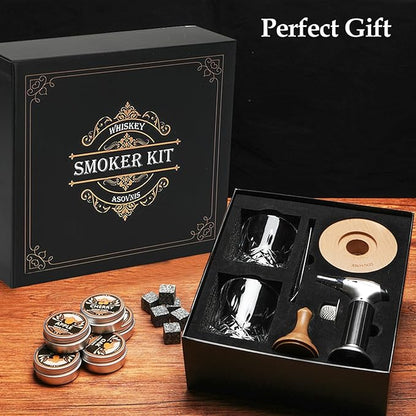 Whiskey Smoker Kit with Torch - 6 Flavors Wood Chips, 2 Glasses, Cocktail Smoker Infuser Kit, Old Fashioned Drink Smoker Kit, Birthday Valentine's Day Bourbon Whiskey Gifts for Men, Dad(No Butane)