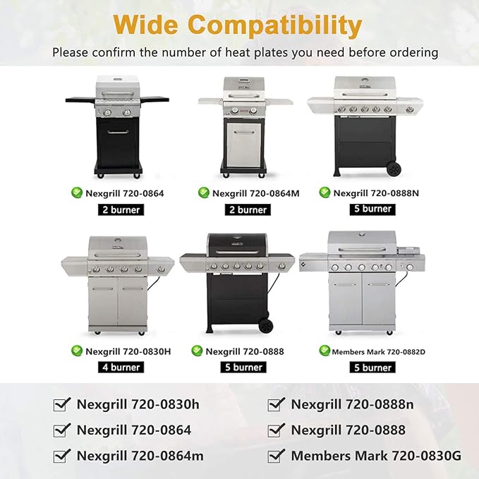 Criditpid Grill Replacement Parts for Nexgrill 2 Burner 720-0864M 720-0864, 4 Burner 720-0830H 720-0783E, 5 Burner 720-0888, 6 Burner 720-0898. 2-Pack Heat Plate Shields and Burners for Nexgrill Parts