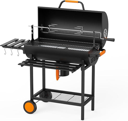 KEYO GRILL 29-Inch Barrel Charcoal Grill, Heavy duty BBQ Grill with Manual Rotisserie Meat Fork, Detachable Windproof Ash Collector Barbecue Smoker Grill Combo for Backyard, Patio and Parties ﻿