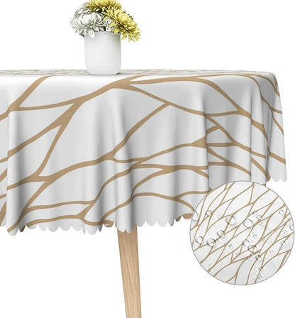 Brown and White Geometric Waterproof Round Tablecloth 60x60 Inch Abstract Irregular Stripes Circle Tablecloths Dining Table Cloth Buffet Parties Patio Camping Chic Decoration for Home Kitchen