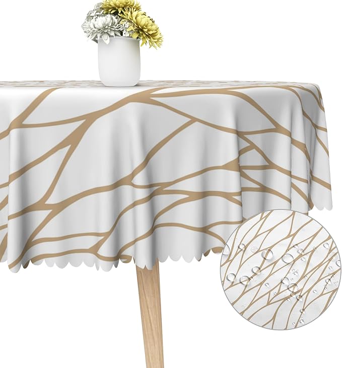 Brown and White Geometric Waterproof Round Tablecloth 70x70 Inch Abstract Irregular Stripes Circle Tablecloths Dining Table Cloth Buffet Parties Patio Camping Chic Decoration for Home Kitchen