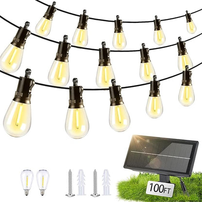 Solar Lights Outdoor Patio Lights: S14 30M 100FT Solar Powered 3 Light Modes Solar Waterproof Light - Shatterproof Bulbs - Camping Backyard Garden Deck Outside Yard