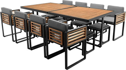 Merax 18-Piece Patio Dining Set for 16 People, Acacia Wood Outdoor Furniture Sets with 2 Square Tables, 8 Cushioned Chairs and 8 Ottomans for Backyard, Garden, Lawn, Poolside, Space Saving Design,Gray