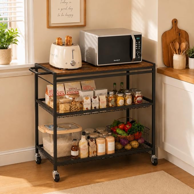 Microwave Kitchen Cart – 3 Tier Rolling Kitchen Utility Cart for Microwave Table Stand, Coffee Cart, Bar Cart, Kitchen Appliance Storage with Adjustable Shelf & Lockable Wheels, 34.25" L x 33.46" H