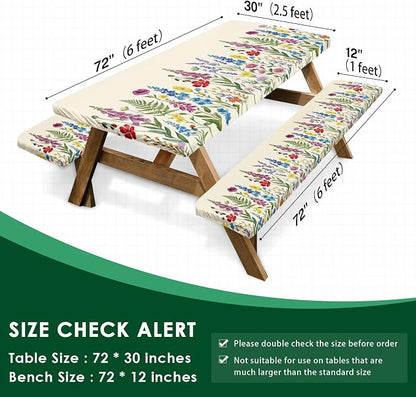 Picnic Table Cover with Bench Covers, Cottagecore Camper, 72 Inch | 3PCS Waterproof Fitted Tablecloth Elastic Edges Outdoor Camping Essentials with Drawstring Bag
