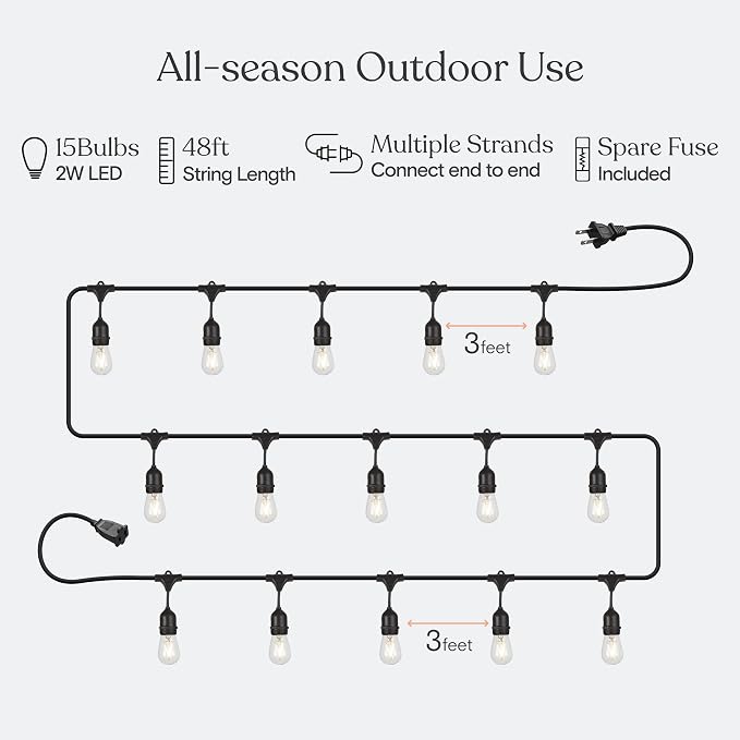 Brightech Ambience Pro LED Outdoor String Lights - Commercial Grade Waterproof Patio Lights with 48 Ft Dimmable Edison Bulbs, Porch String Lights for Patio, Backyard - 15 Bulbs 2W Soft White