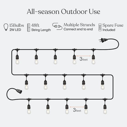 Brightech Ambience Pro LED Outdoor String Lights - Commercial Grade Waterproof Patio Lights with 48 Ft Dimmable Edison Bulbs, Porch String Lights for Patio, Backyard - 15 Bulbs 2W Soft White