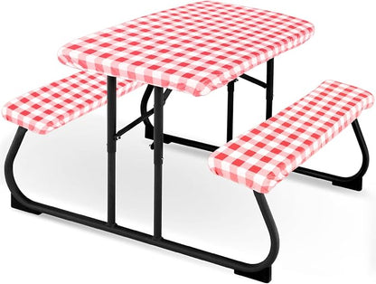 Moukeren 3 Pieces Picnic Table Cover for Kids with Bench Covers Fitted Tablecloth for Outdoors Vinyl Waterproof Cloth for Camping Home Goods Indoor Outdoor Patio BBQ(Red, White)