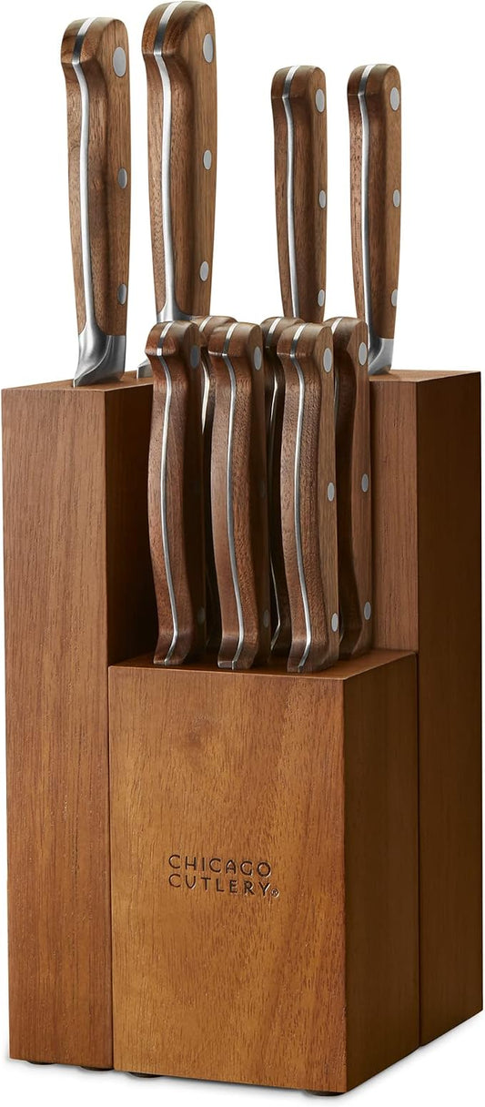 Chicago Cutlery Racine 12-PC Kitchen Knife Wood Block Set, Stainless Steel Knife Block Set, Steak Knives, Serrated, Chef, Utility, and Paring Knife, Removable Steak Knife Block, Walnut Handle
