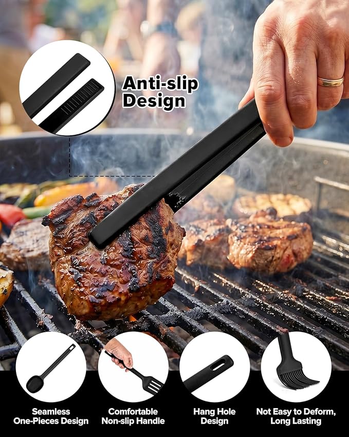 Silicone Kitchen Utensils Set, Heat Resistant Cooking Utensil with Spoon, Scraper, Spatula, Basting Brush & Tongs, BPA-free Non-stick Cookware for Frying, Basting, Serving, Grilling (6 Pack) (BLACK)