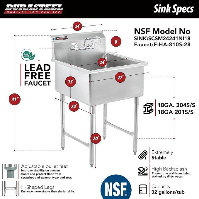 DuraSteel 304 Commercial Stainless Steel Utility Sink - 24 Inch Tub Freestanding Prep Kitchen Sink w/ Faucet - NSF Hand Wash Station for Kitchen Sinks, Outdoor, Laundry Room, Garage Small Kitchenette