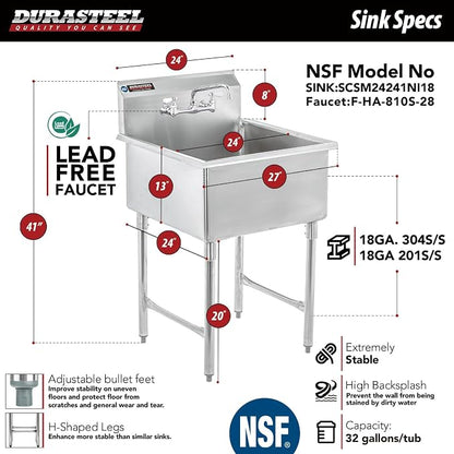 DuraSteel 304 Commercial Stainless Steel Utility Sink - 24 Inch Tub Freestanding Prep Kitchen Sink w/ Faucet - NSF Hand Wash Station for Kitchen Sinks, Outdoor, Laundry Room, Garage Small Kitchenette