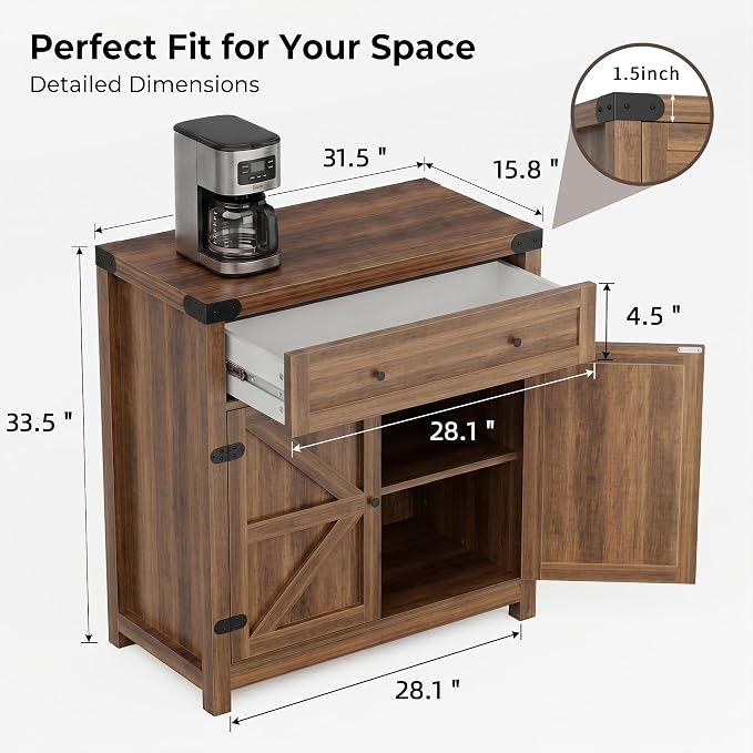 YESHOMY Kitchen Storage Coffee Bar Accent Cabinet, Brown&Rustic, 1PCS | Farmhouse Sideboard Buffet Cabinet, Large Drawer and Adjustable Shelf, Barn Door Accent Cabinet for Dining Room, Entryway