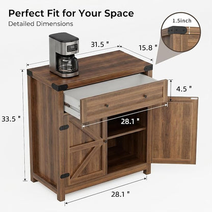 YESHOMY Kitchen Storage Coffee Bar Accent Cabinet, Brown&Rustic, 1PCS | Farmhouse Sideboard Buffet Cabinet, Large Drawer and Adjustable Shelf, Barn Door Accent Cabinet for Dining Room, Entryway