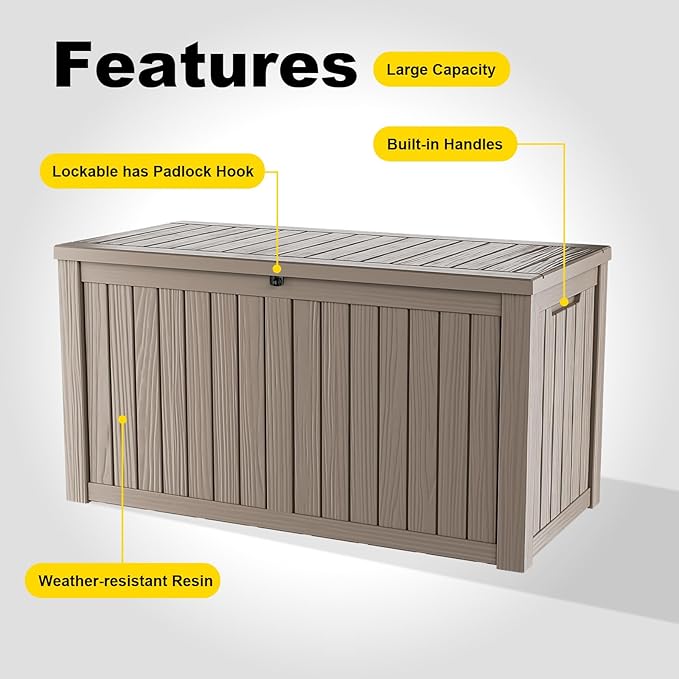 PatioZen 180 Gallon Deck Box,Resin Outdoor Storage Box with Lockable for Patio Furniture, Pool Accessories, Garden Tools Waterproof Outside Storage Box (Grey)