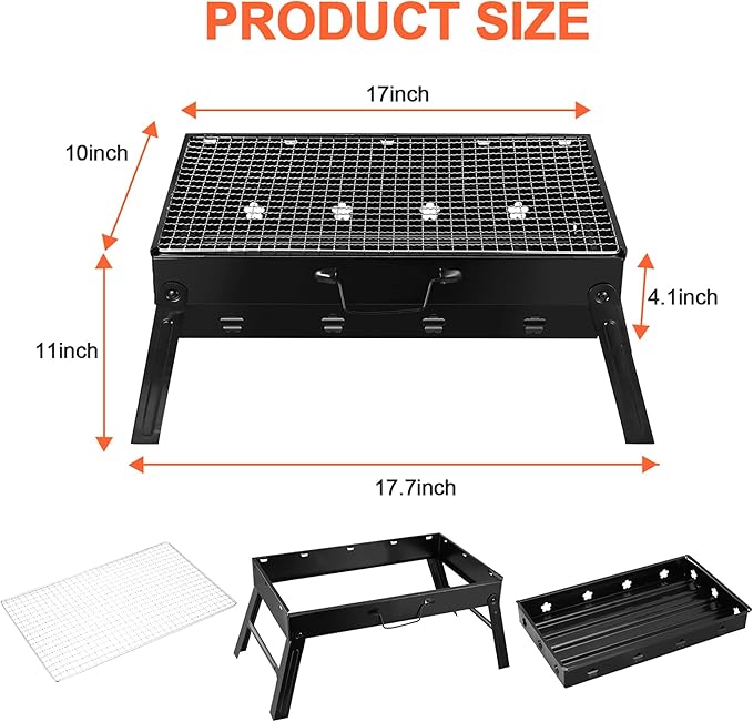 Portable Charcoal Grill, 17" Folding Compact BBQ Grill with Smoker Function, Lightweight Outdoor Grill for Camping, Backyard, Picnic, Beach & Travel