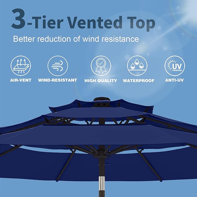 PatioKingdom 9ft 3-Tier Patio Market Umbrella with Crank/Tilt, Commercial Heavy Duty Wind Proof,Outdoor Table Umbrella with 8 Fiberglass Ribs,UPF50+ for Deck,Pool,Garden,Backyard (Navy)
