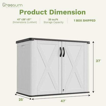 Greesum Outdoor Storage Cabinet, 25 CUFT Deck Box Without Shelves, Waterproof Plastic Storage Shed for Patio Cushions, Gardening Tools, Lockable and Sidehandles, UV Resistant, White
