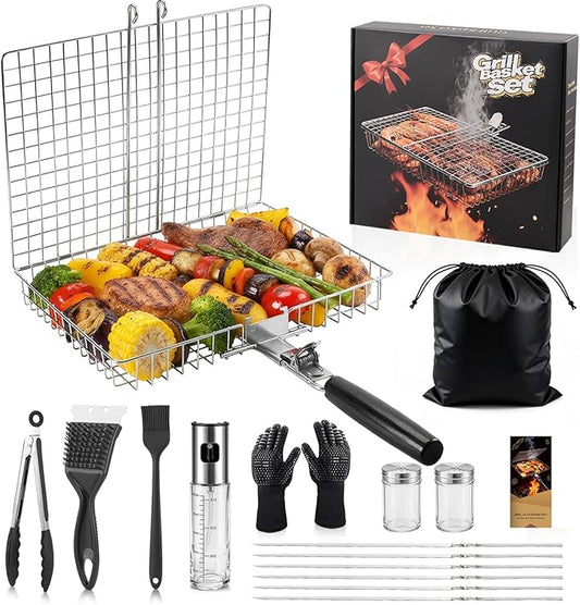 16 PCS Stainless Steel Grill Basket Set, Complete BBQ Grill Accessories for Shrimp, Vegetables & Fish, Portable Grill Basket with Oil Sprayer, Ideal Grilling Gifts for Men Dad Husband