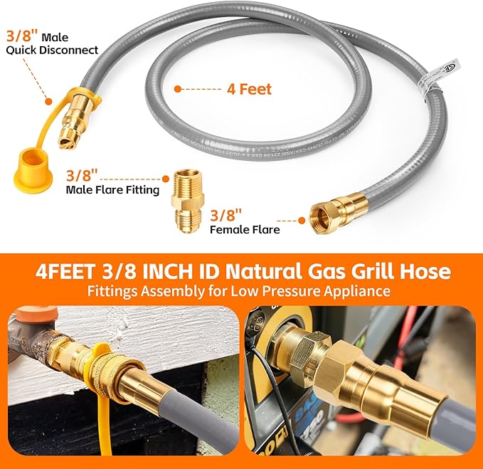 GasSaf 4FT 3/8" ID Natural Gas Hose, Natural Gas Grill Hose with Connect Fitting Suitable for Weber Grills, Blackstone Griddles, Generator, Patio Heater - CSA Certified