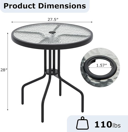 GIANTEX 27.5" Outdoor Bistro Table, Patio Round Dining Table w/Tempered Glass Tabletop & 1.57" Umbrella Hole, Heavy-Duty Metal Frame for Garden Yard Poolside Porch (27.5"x27.5"x28")