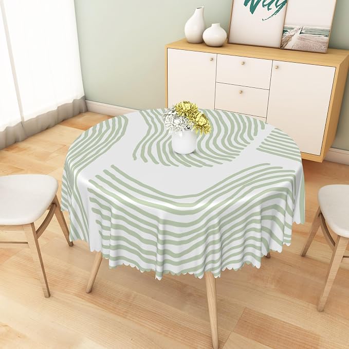 Sage Green Stripes Table Cloth for Round Chic Striped Circle Tablecloths Polyester Vintage for Picnic Party Dinner Wrinkle Oil-Proof Resistant Table Cover for Dining Table 60x60 Inch