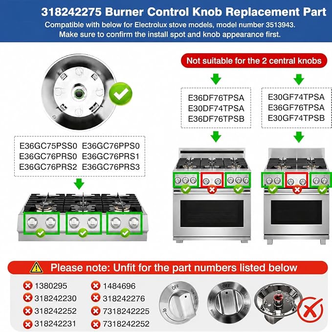 2Pcs 318242275 Burner Control Knob Replacement for electrolux Gas Stove Range Cooktop, Fits E30DF74TPSA E30GF74TPSA E36DF76TPSB, Replace 3513943 AP5809411 PS9495232 EAP9495232 (2)