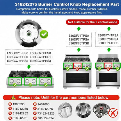 2Pcs 318242275 Burner Control Knob Replacement for electrolux Gas Stove Range Cooktop, Fits E30DF74TPSA E30GF74TPSA E36DF76TPSB, Replace 3513943 AP5809411 PS9495232 EAP9495232 (2)