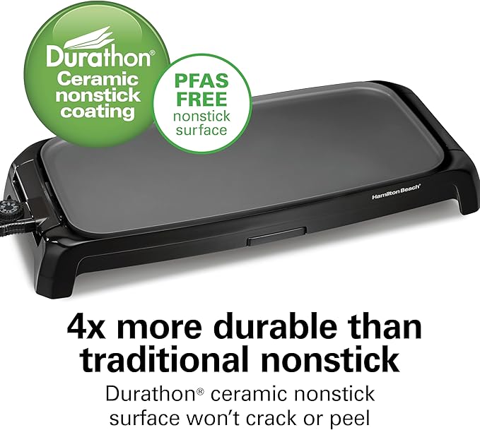 Hamilton Beach 200 Sq. In. Electric Griddle With Adjustable Temperature for 200 to 400 degrees, PTFE & PFOA Free Durathon Ceramic Reversible Nonstick Surface, Black (38522)