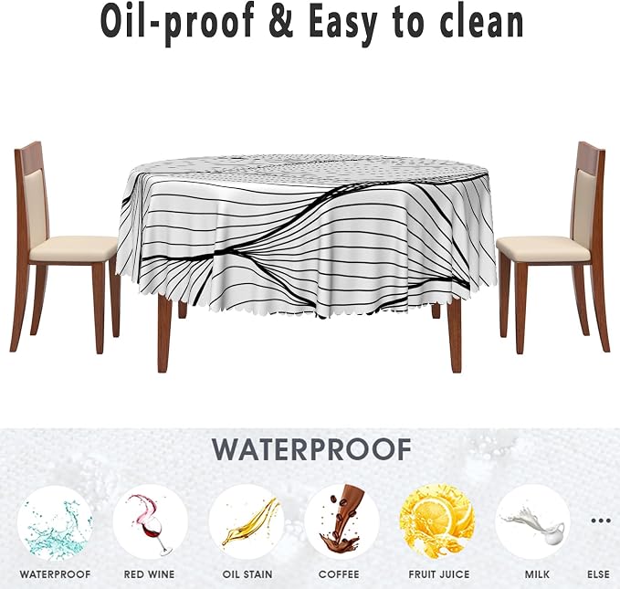 Black White Striped Round Tablecloth Abstract Modern Wave Stripes Washable Wrinkle Free Spill Proof Decorative Circle Table Cover for Dining Table Farmhouse Kitchen Restaurant 70x70 Inch