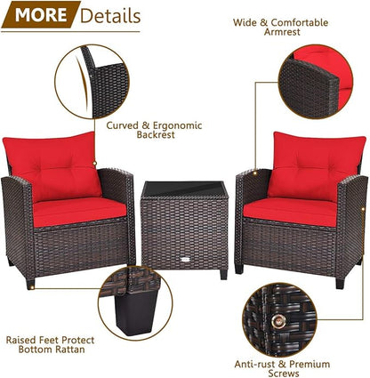 HAPPYGRILL 3 Pieces Patio Conversation Set, Outdoor Furniture Set PE Rattan Sofa Set with Removable Cushions, PE Wicker Chairs with Tempered Glass Side Table for Porch Lawn Garden Balcony Backyard