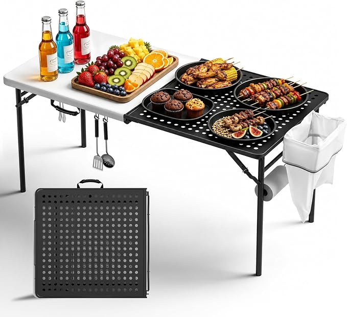 5FT Folding Table, Camping Table for Grill with Solid＆Metal Grid Grilling Surface, BBQ Prep Table Portable with Carry Handle for Party Cooking, Camping, Backyard, Beach and Patio Use