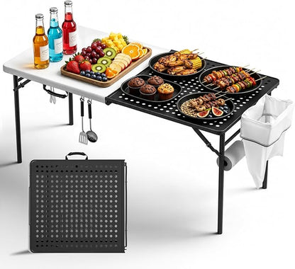 5FT Folding Table, Camping Table for Grill with Solid＆Metal Grid Grilling Surface, BBQ Prep Table Portable with Carry Handle for Party Cooking, Camping, Backyard, Beach and Patio Use