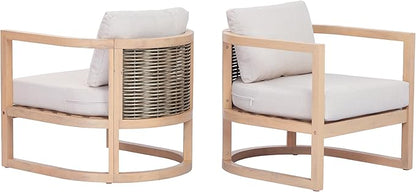 Merax Outdoor Acacia Wood Club Armchair wtih Cushions Set of 2, Patio Sofa Chair with Rattan-Woven Back, Sturdy Base for Porch, Lawn, Backyard, Balcony, Light Teak
