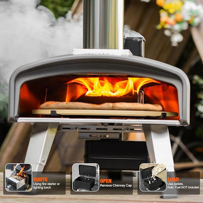 Mimiuo Outdoor Pizza Oven 12" Wood Pellet Pizza Oven with Rotating Round Pizza Stone, Portable Pizza Stove for Outside Backyard Camping Picnics