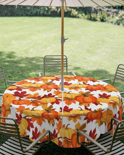 Fall Tablecloth with Umbrella Hole and Zipper Fall Leaves Pumpkin Round Outdoor Tablecloths 54 Inch Waterproof Table Cloths Autumn Harvest Patio Table Cloth Cover for Fall Thanksgiving Picnic Garden