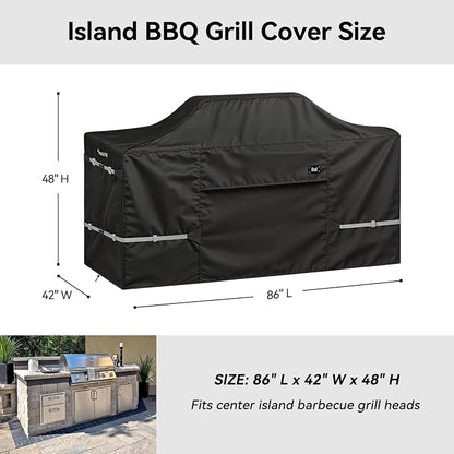 Island Grill Cover, 600D Heavy Duty Waterproof Extra Large Grill Cover for 86 Inch Island with Center Grill Head, Tear Resistant Outdoor Kitchen Cover with Buckle, Drawstring, Air Vent, Black