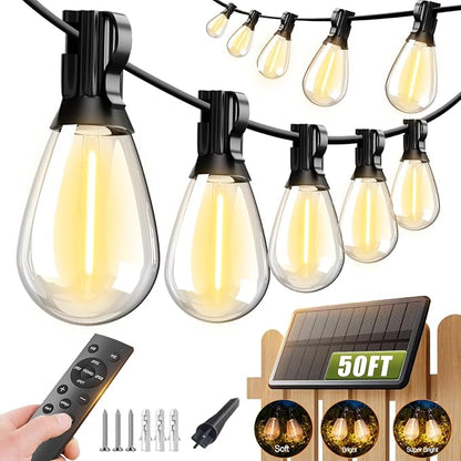 Likesky 50FT Solar String Lights Outdoor with Remote,18+1LED Shatterproof Bulbs & USB Port, Waterproof 3 Modes Dimmable Solar Lights for Backyard, Patio, Camping