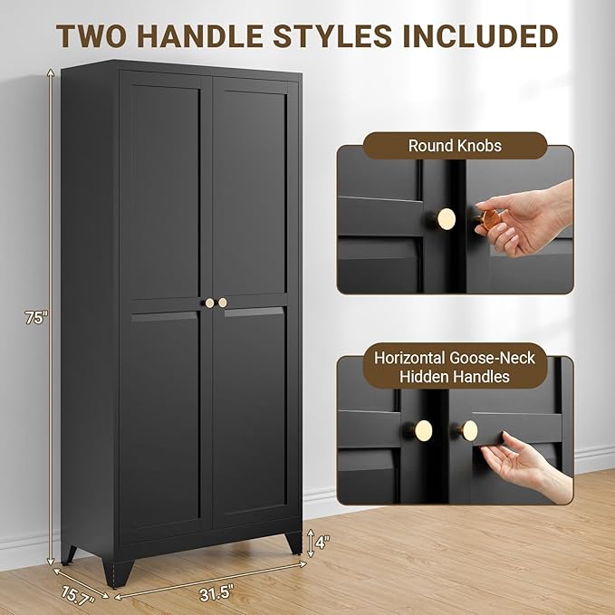 75" Tall Metal Kitchen Pantry Cabinet, Freestanding Steel Storage Cabinet with Doors, 5 Adjustable Shelves, for Dining Room, Black
