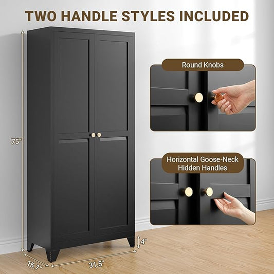 75" Tall Metal Kitchen Pantry Cabinet, Freestanding Steel Storage Cabinet with Doors, 5 Adjustable Shelves, for Dining Room, Black