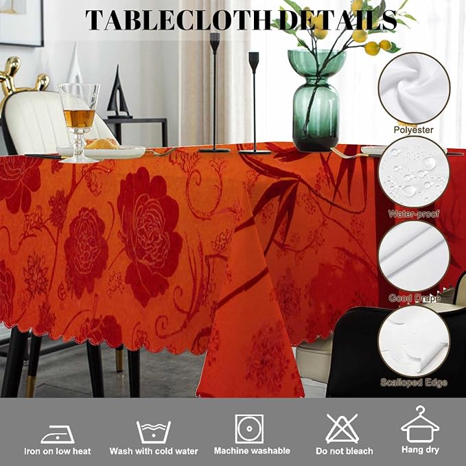 Swono Bamboo Tablecloths Traditional Red Gold Floral Bamboo Kitchen Dinning Tabletop Decoration, Polyester Table Cover for Indoor Outdoor 50x72 Inch Tablecloth