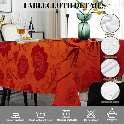 Swono Bamboo Tablecloths Traditional Red Gold Floral Bamboo Kitchen Dinning Tabletop Decoration, Polyester Table Cover for Indoor Outdoor 50x72 Inch Tablecloth