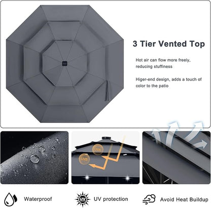 ABCCANOPY 3-Tiers 11FT Solar Patio Umbrella, Outdoor Umbrella with 32 LED Lights for for Deck, Pool, Garden, Backyard (Dark Gray)