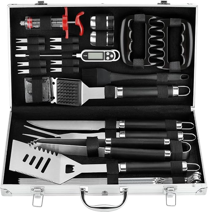 POLIGO 26Pcs Exclusive BBQ Grill Accessories in Aluminum Case for Birthday Fathers Day Grilling Gift - Grill Utensils Set with Barbecue Claws, Meat Injector, Thermometer for Smoker, Camping BBQ Black