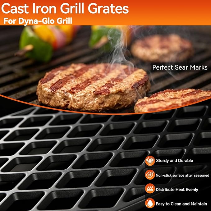 Grill Replacement Parts for Dyna-Glo 4 Burner DGH450CRP DGH451CRP, Set of 4 Porcelain Steel Grill Heat Plates Shield + 3-Pack Cast Iron Cooking Grill Grates Kit for Dyna Glo 3/4 Burner Grill