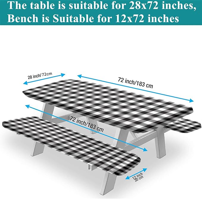 Buffalo Plaid Picnic Fitted Tablecloth and Bench Cover, 3-Piece Set, Edged Checkered Fitted Tablecloth for Outdoor Dining, Camping, RVs, Picnics, Patios Decor, 72x28 in