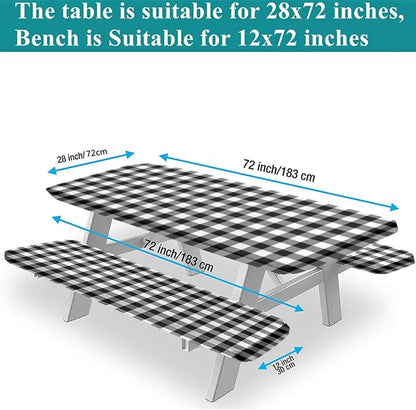 Buffalo Plaid Picnic Fitted Tablecloth and Bench Cover, 3-Piece Set, Edged Checkered Fitted Tablecloth for Outdoor Dining, Camping, RVs, Picnics, Patios Decor, 72x28 in