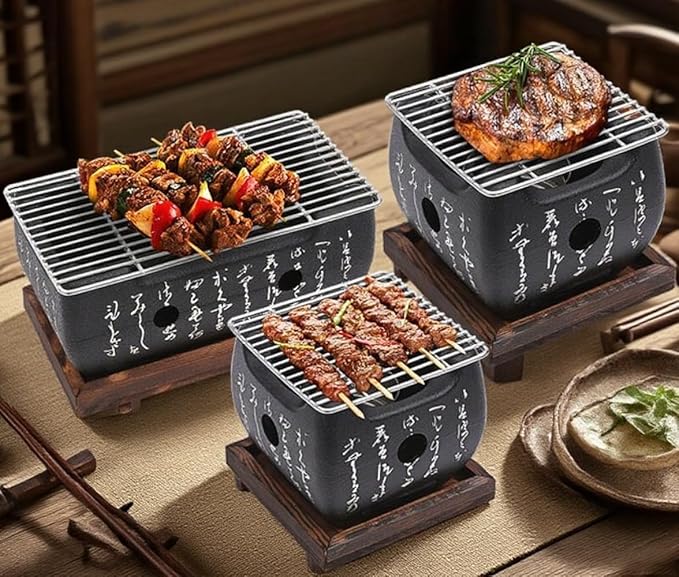 Japanese Charcoal Grill Grill BBQ Stove Robata Hibachi & Yakitori aluminum alloy Stainless steel and wooden base for Outoor BBQ Cooking Yakiniku (A,Extra Large)