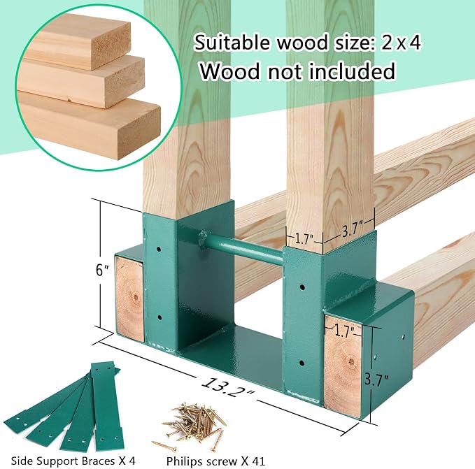 MOFEEZ Outdoor Firewood Log Storage Rack 2x4 Bracket Kit, Fireplace Wood Storage Holder, Adjustable to Any Length - Green, Two Bases